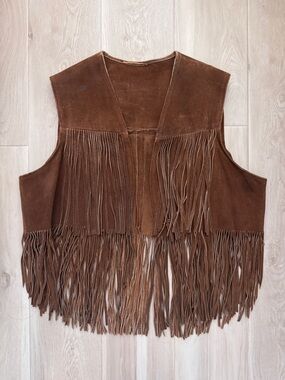 VTG 60s 70s Brown Genuine Suede Fringe Vest Boho Western Festival Cowgirl Style